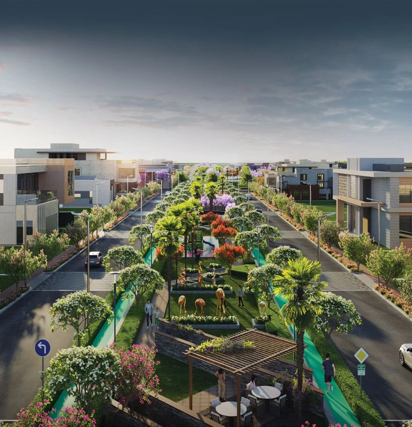 Tree-lined boulevard with linear greens, artistic impression