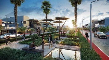 Boulevard with pergolas and a water feature, artistic impression