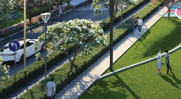 Landscaped road with a green walkway, artistic impression