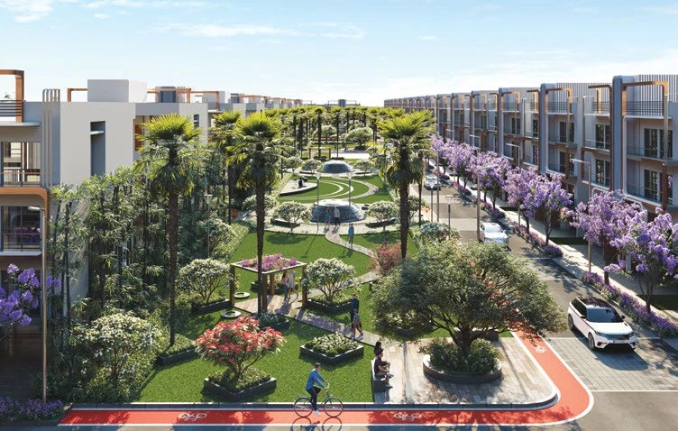 Linear park lined with villas, artistic impression
