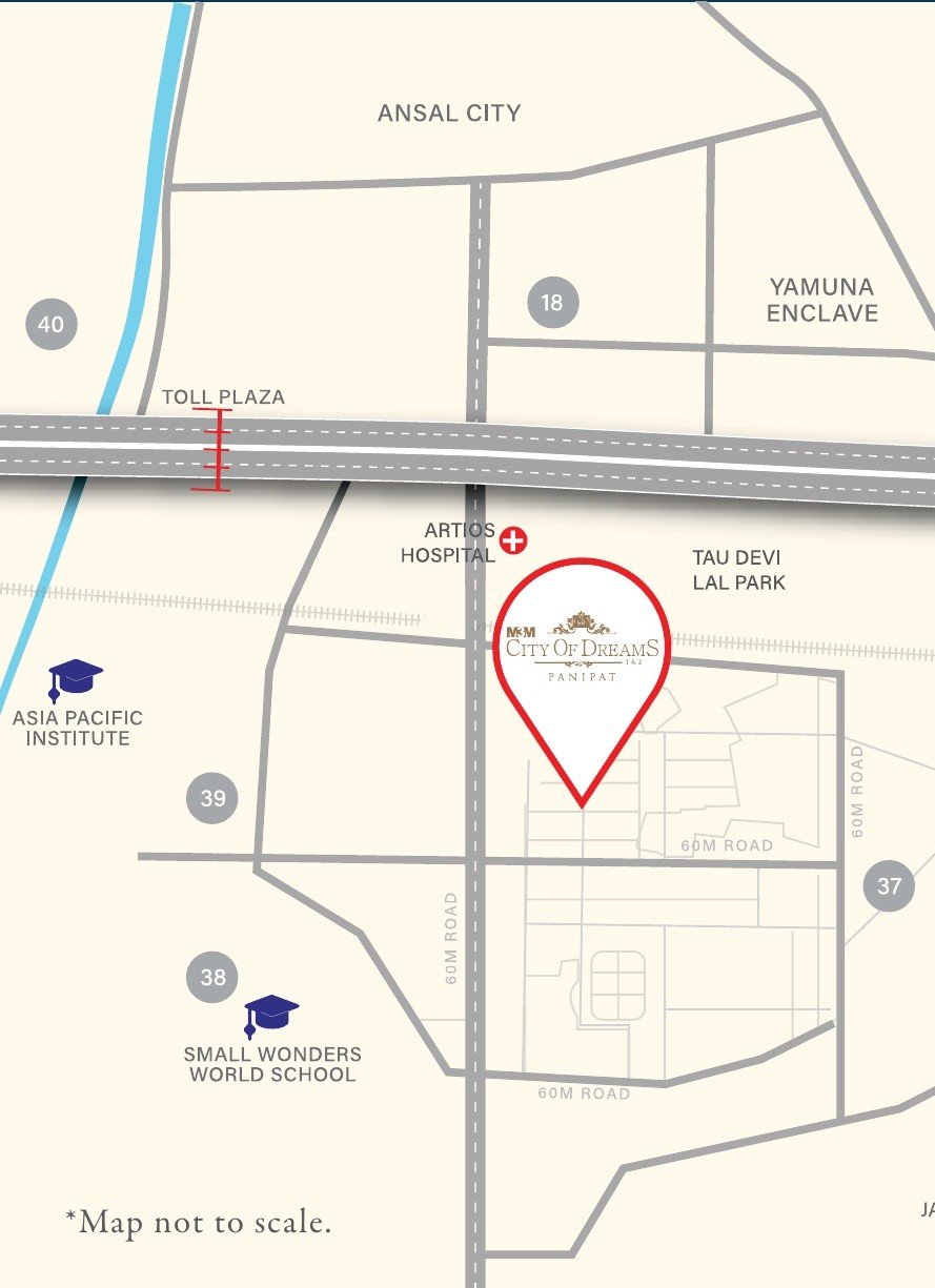 Location map of M3M City of Dreams near Tau Devilal Park and NH-1, Panipat