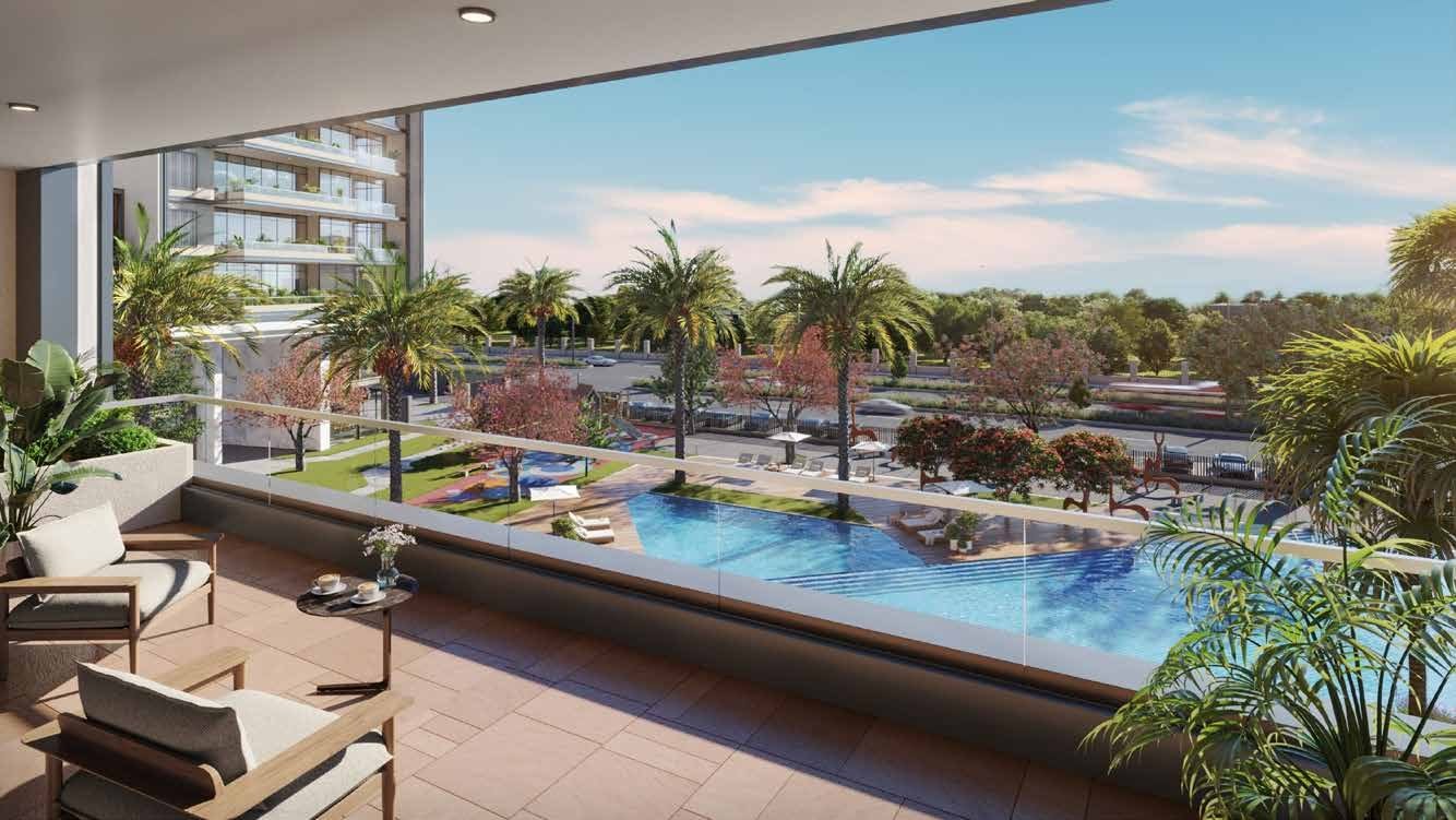 Terrace balcony overlooking the pool — artistic render